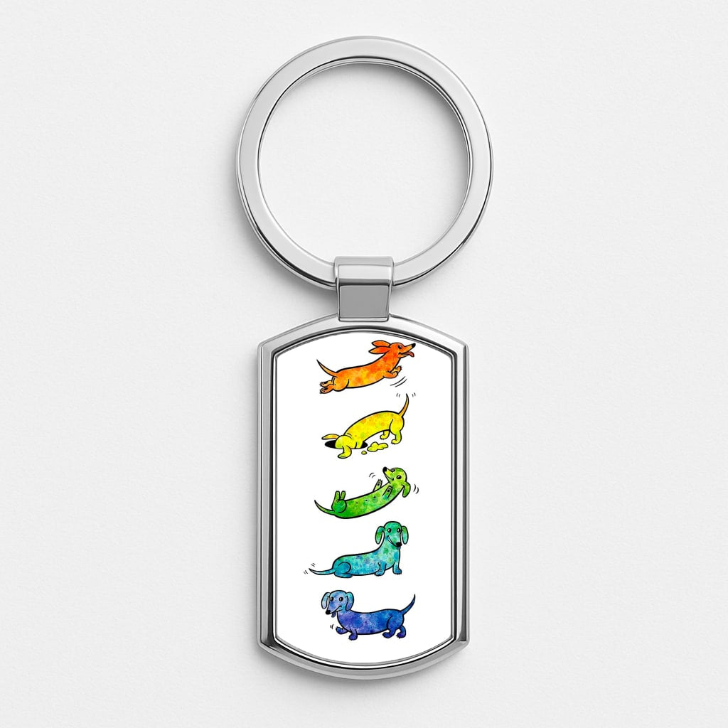 Watercolor Rainbow Dachshunds Silver Keyring