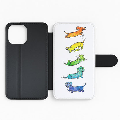 Watercolor Rainbow Dachshunds Flip Wallet Phone Case
