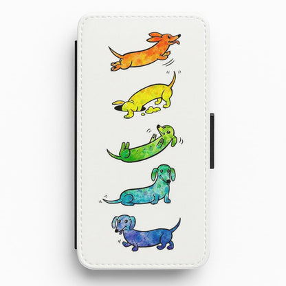 Watercolor Rainbow Dachshunds Flip Wallet Phone Case