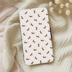 Dachshund Pattern - White Flip Wallet Phone Case