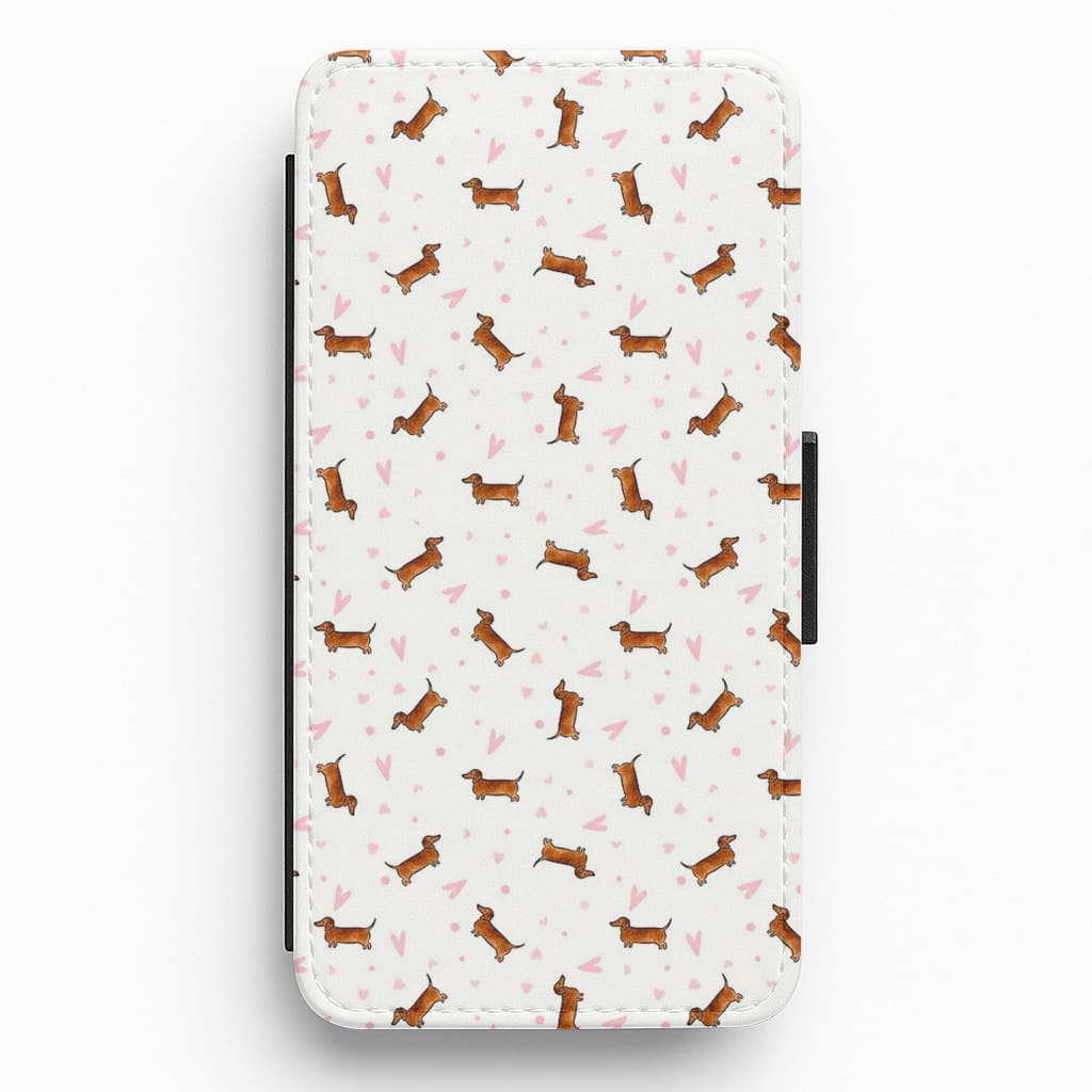 Dachshund Pattern - White Flip Wallet Phone Case