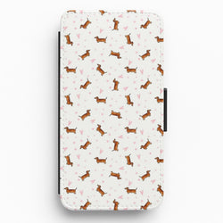 Dachshund Pattern - White Flip Wallet Phone Case
