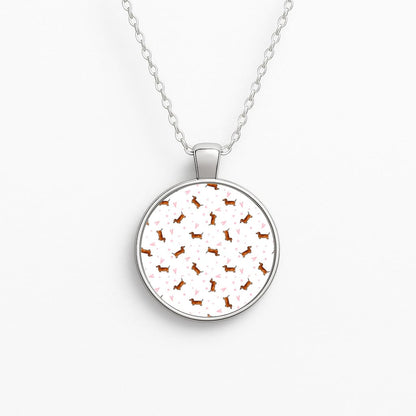 Dachshund Pattern - White Circle Necklace