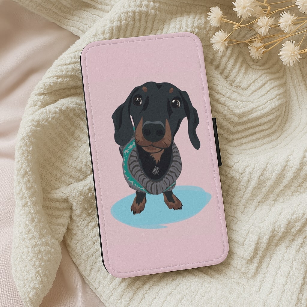 Cartoon Dachshund Flip Wallet Phone Case
