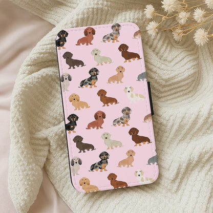 Dachshund Breed Pattern Flip Wallet Phone Case