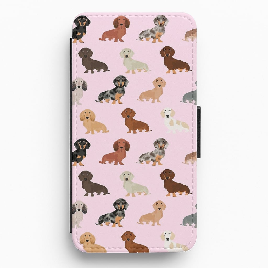 Dachshund Breed Pattern Flip Wallet Phone Case