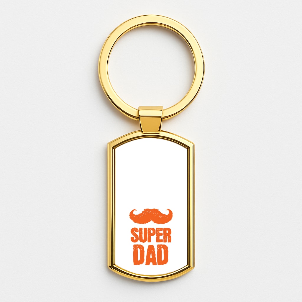 Moustache Super Dad Orange Gold Keyring