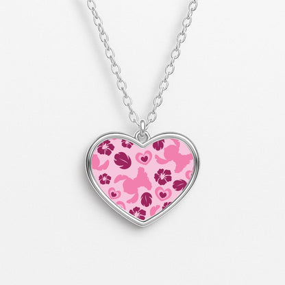 Pink Alien Silhouette Pattern Heart Necklace