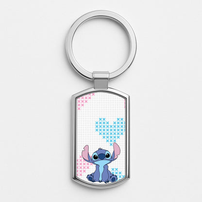 Blue Alien Hearts Silver Keyring