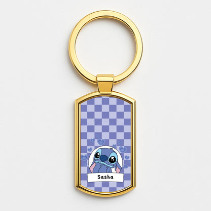 Personalised Cute Blue Alien Gold Keyring