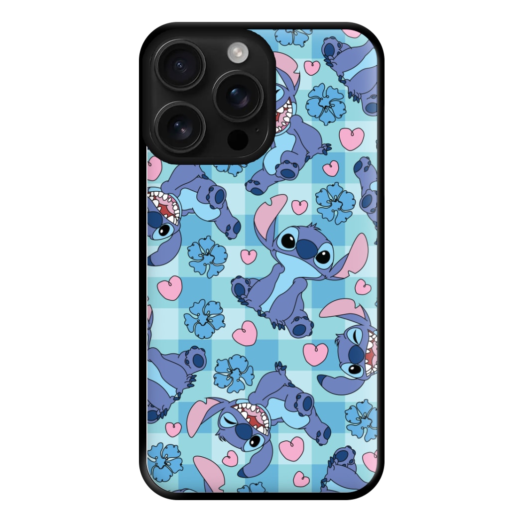 Blue Alien And Hearts Pattern Phone Case for iPhone 16 Pro Max