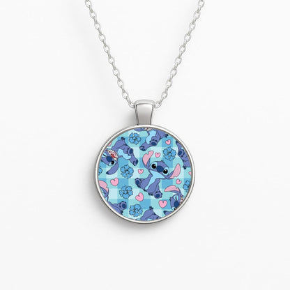 Blue Alien And Hearts Pattern Circle Necklace