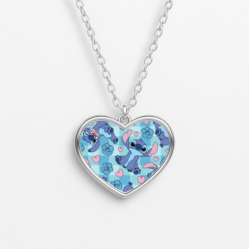 Blue Alien And Hearts Pattern Heart Necklace