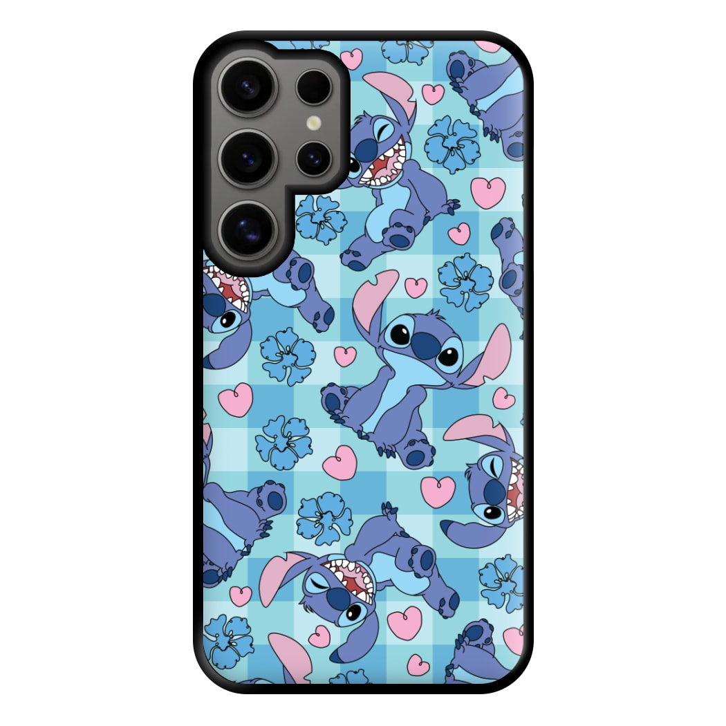 Blue Alien And Hearts Pattern Phone Case for Galaxy S24 Ultra