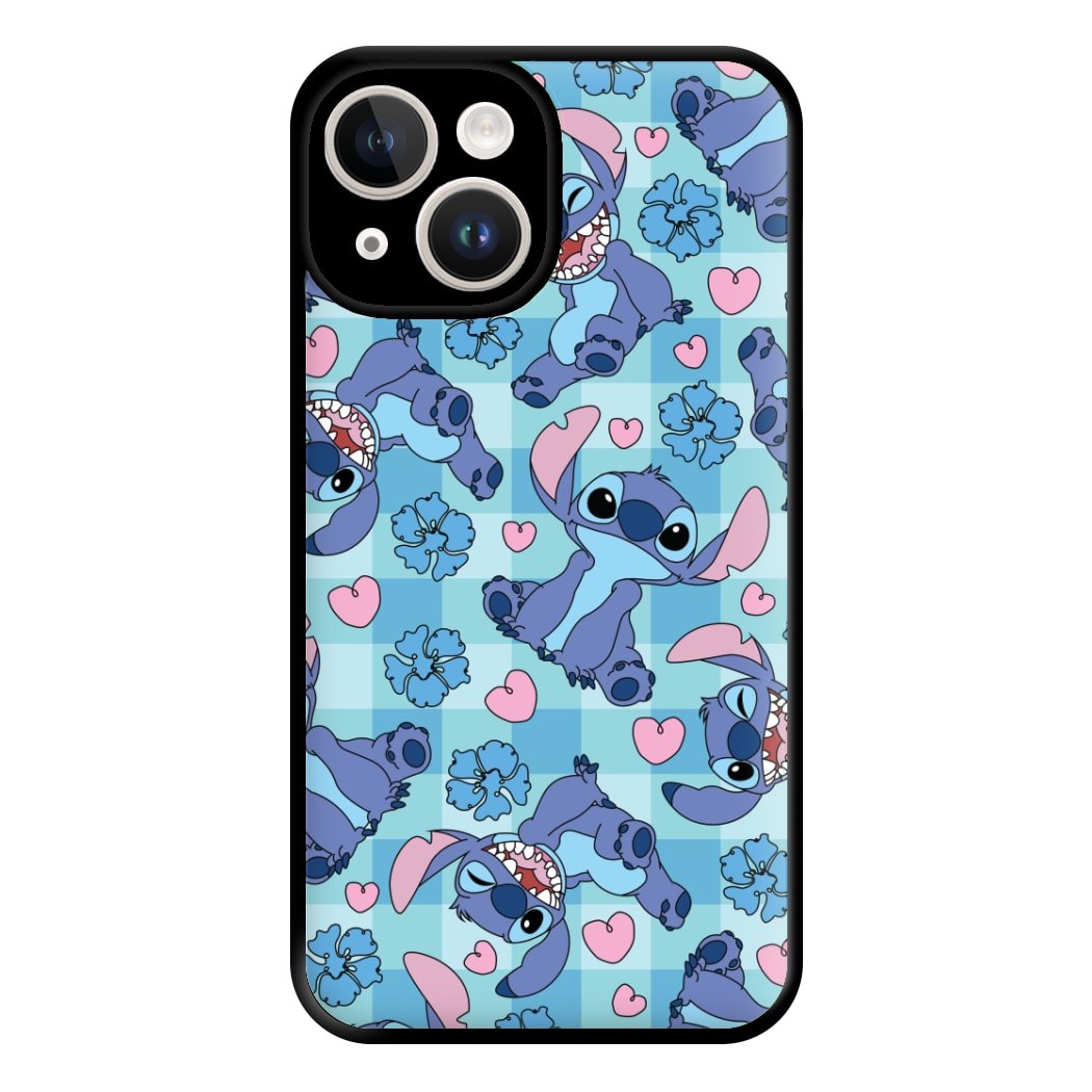 Blue Alien And Hearts Pattern Phone Case for iPhone 14