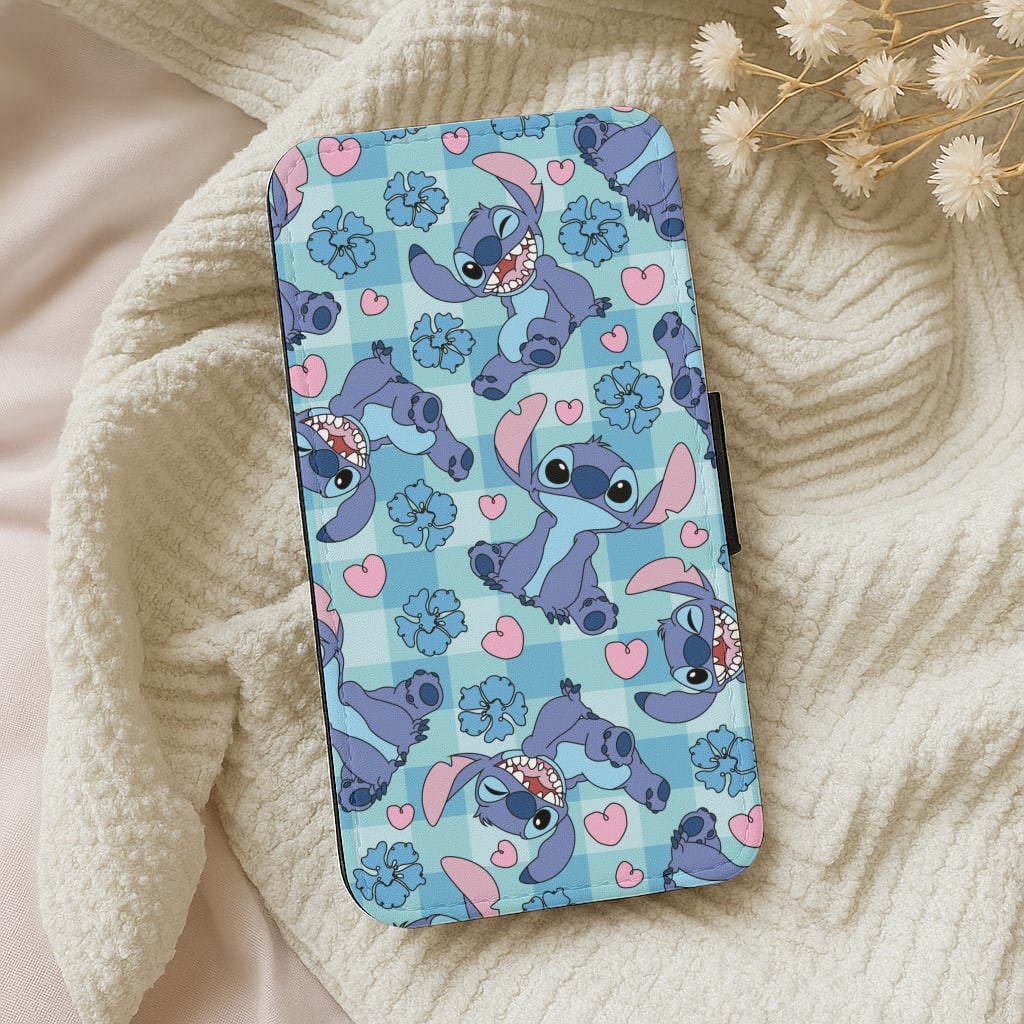 Blue Alien And Hearts Pattern Wallet Phone Case