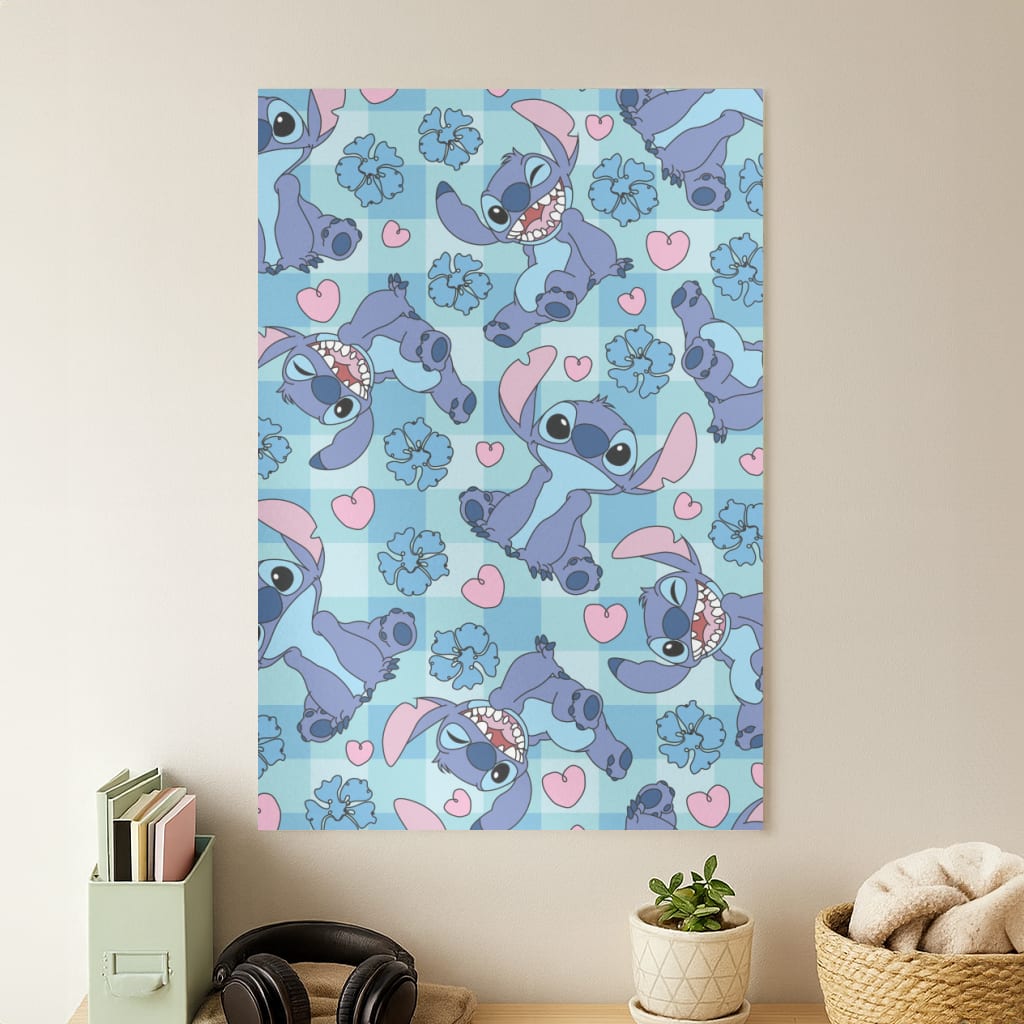 Blue Alien And Hearts Pattern Poster