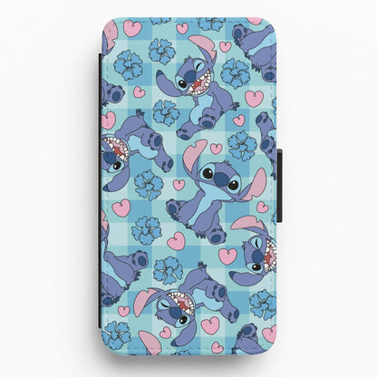Blue Alien And Hearts Pattern Flip / Wallet Phone Case
