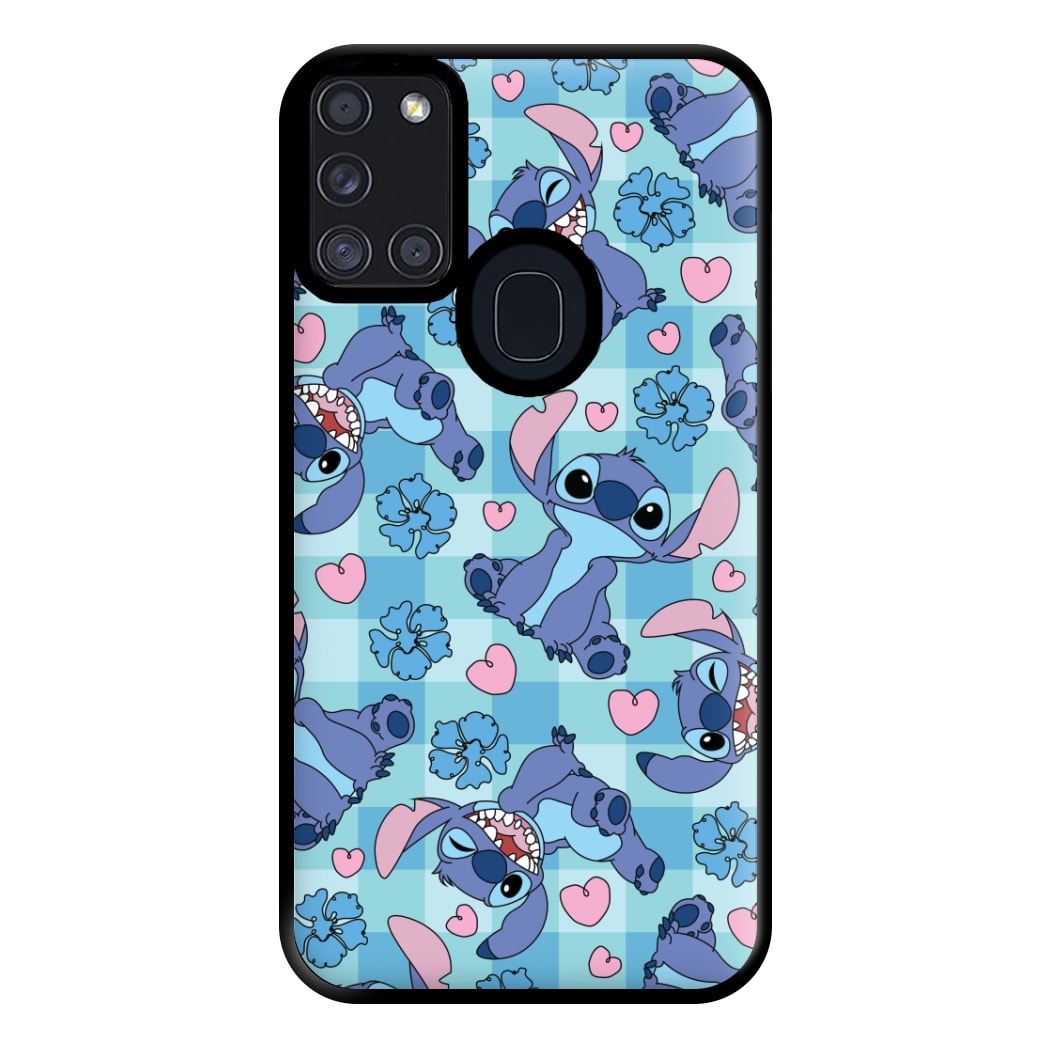 Blue Alien And Hearts Pattern Phone Case for Galaxy A21s