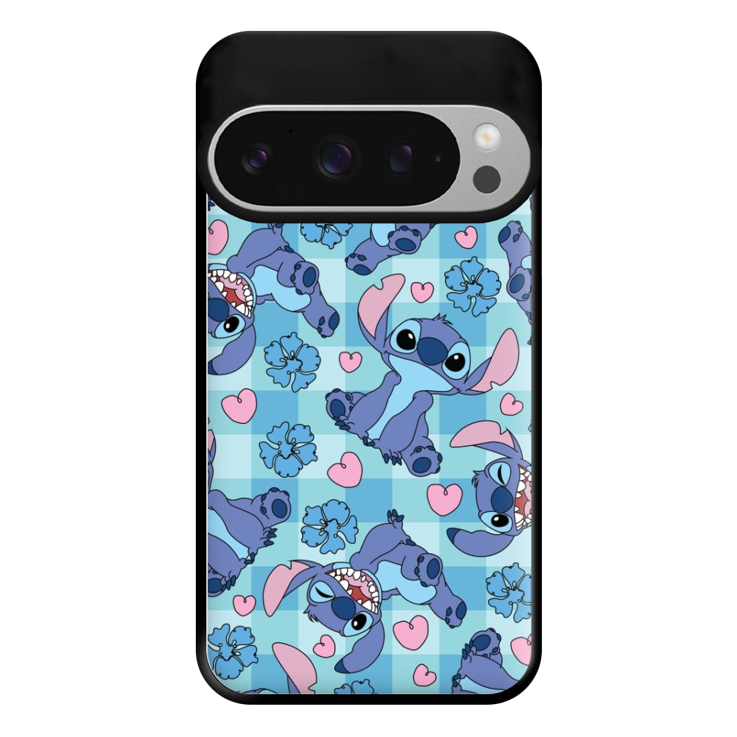 Blue Alien And Hearts Pattern Phone Case for Google Pixel 9 Pro XL