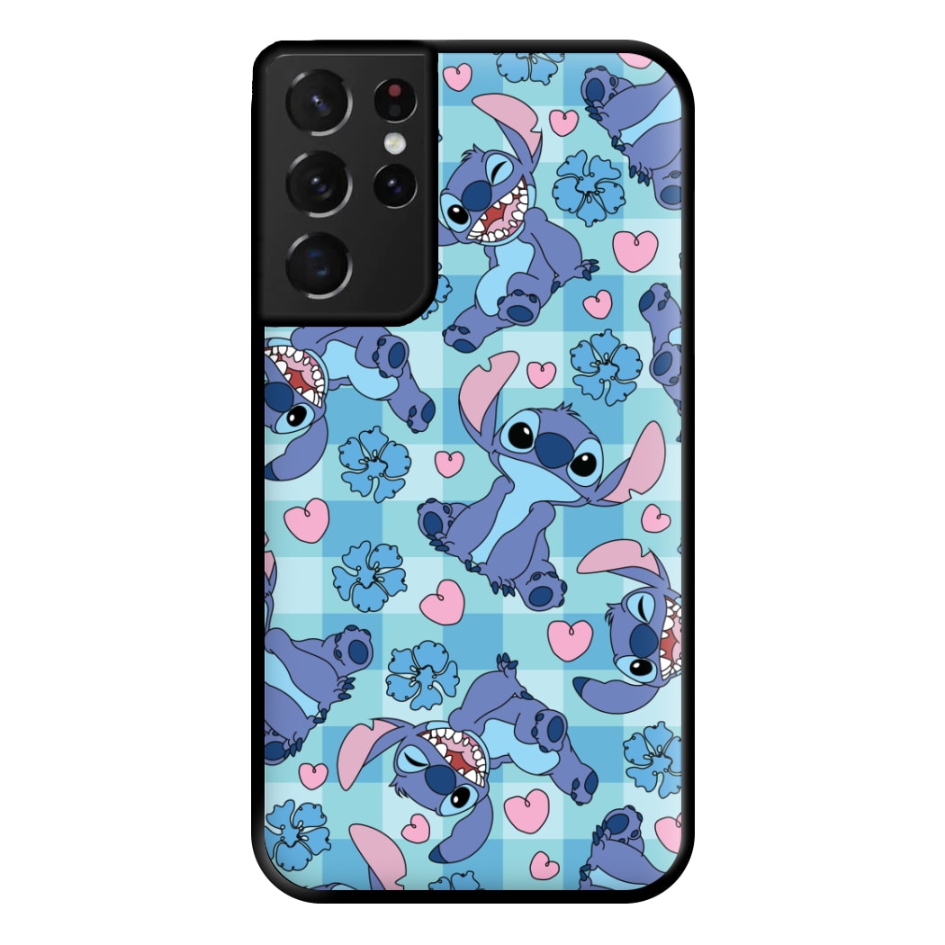 Blue Alien And Hearts Pattern Phone Case for Galaxy S21 Ultra