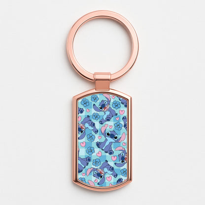 Blue Alien And Hearts Pattern Rose Gold Keyring