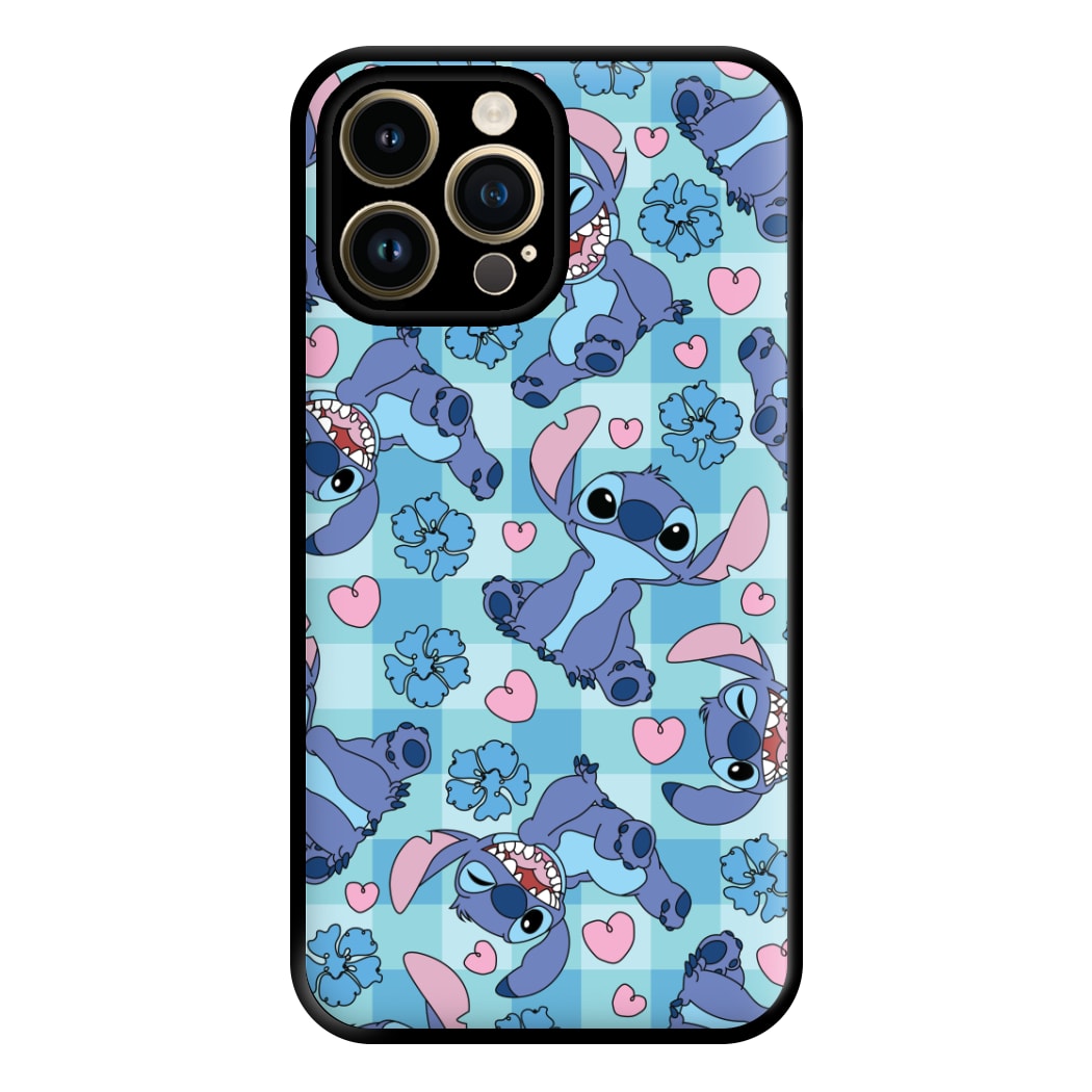 Blue Alien And Hearts Pattern Phone Case for iPhone 14 Pro Max