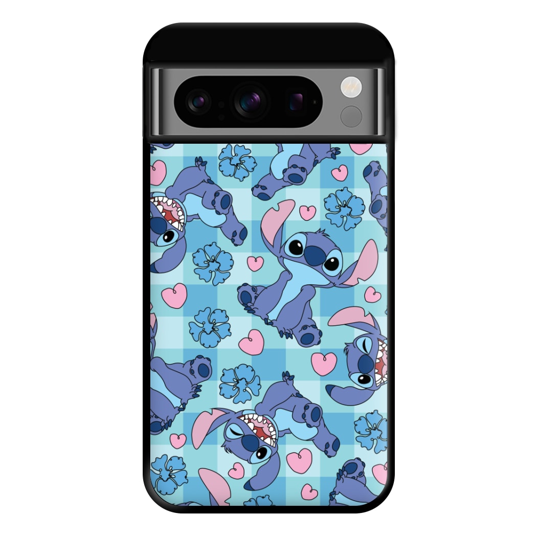 Blue Alien And Hearts Pattern Phone Case for Google Pixel 8 Pro