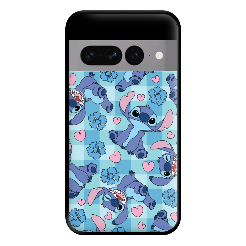 Blue Alien And Hearts Pattern Phone Case for Google Pixel 7 Pro