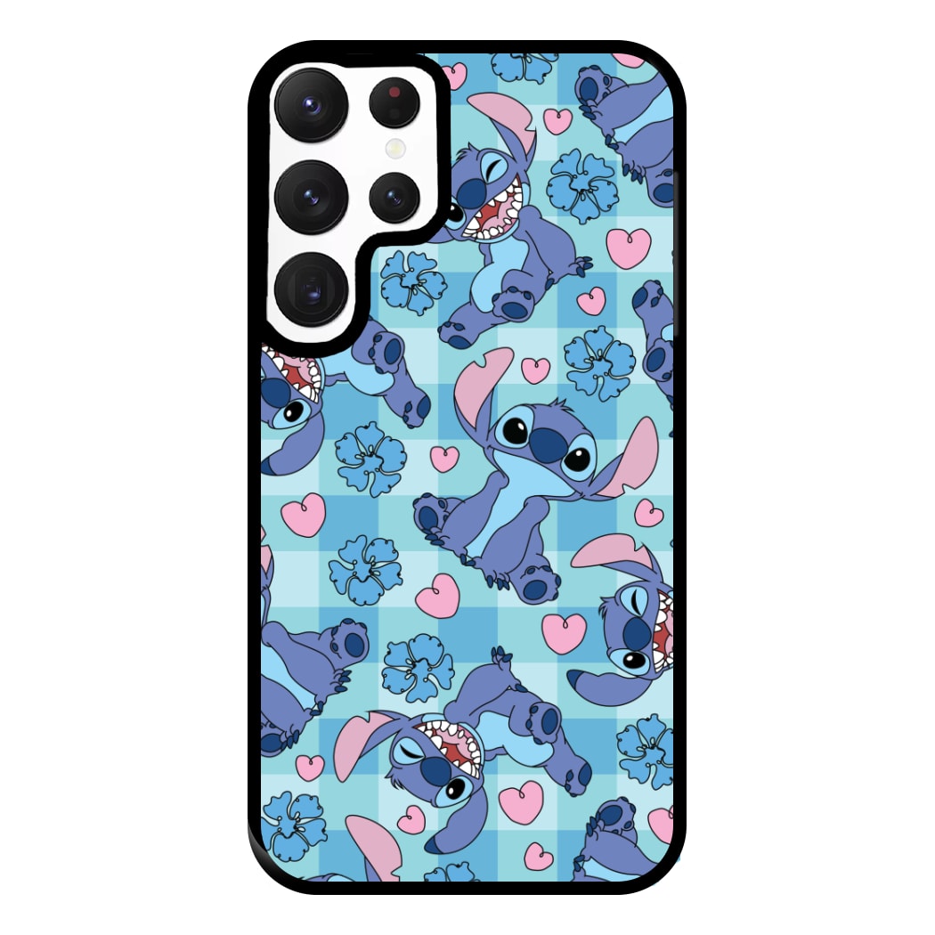 Blue Alien And Hearts Pattern Phone Case for Galaxy S22 Ultra