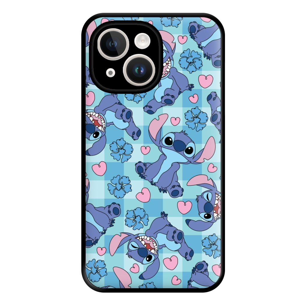 Blue Alien And Hearts Pattern Phone Case for iPhone 14 Plus