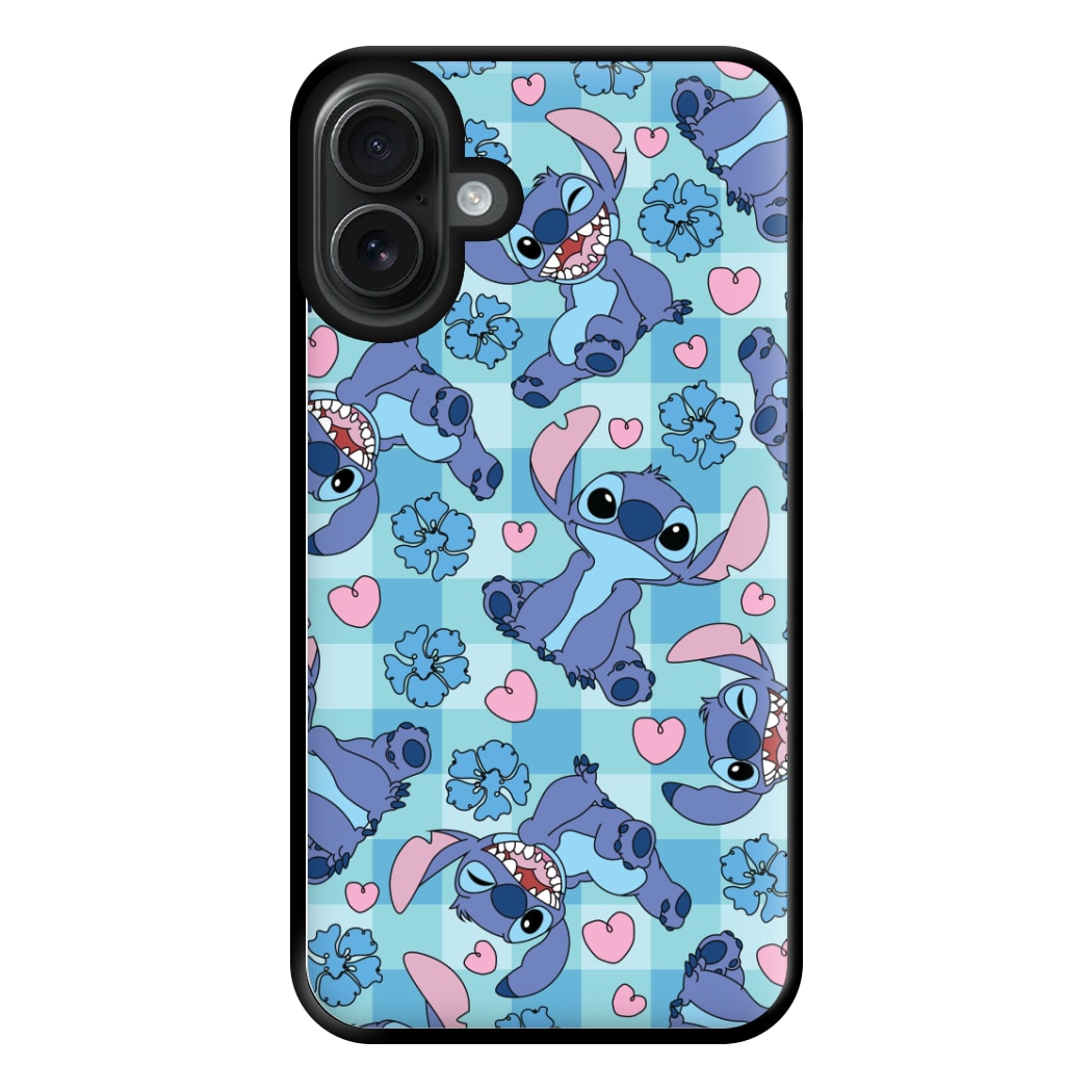 Blue Alien And Hearts Pattern Phone Case for iPhone 16 Plus