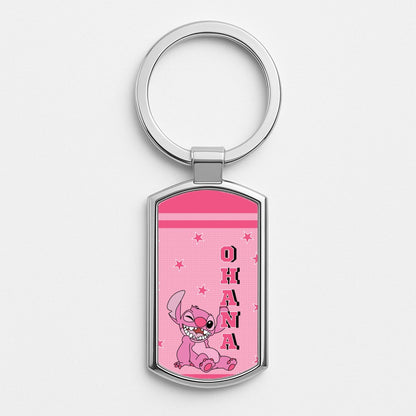 Pink Alien Ohana Silver Keyring