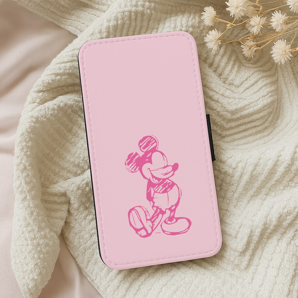 Sketched Mouse Outline Pink Wallet Phone Case