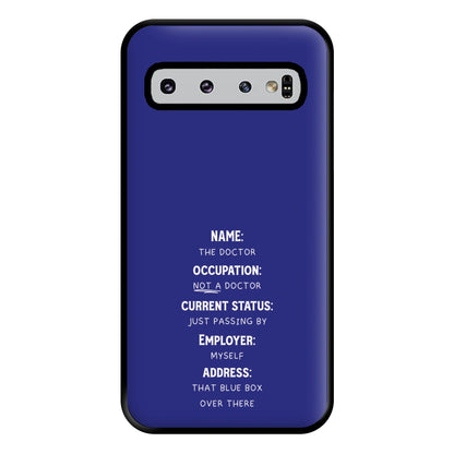 Name And Occupation - Doctor Who Phone Case for Galaxy S10 Plus