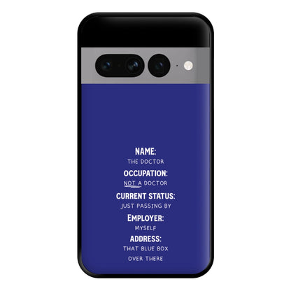 Name And Occupation - Doctor Who Phone Case for Google Pixel 7 Pro