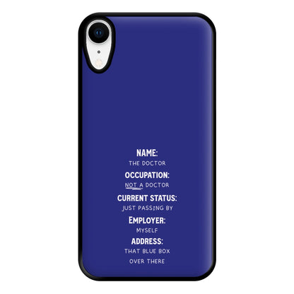 Name And Occupation - Doctor Who Phone Case for iPhone XR