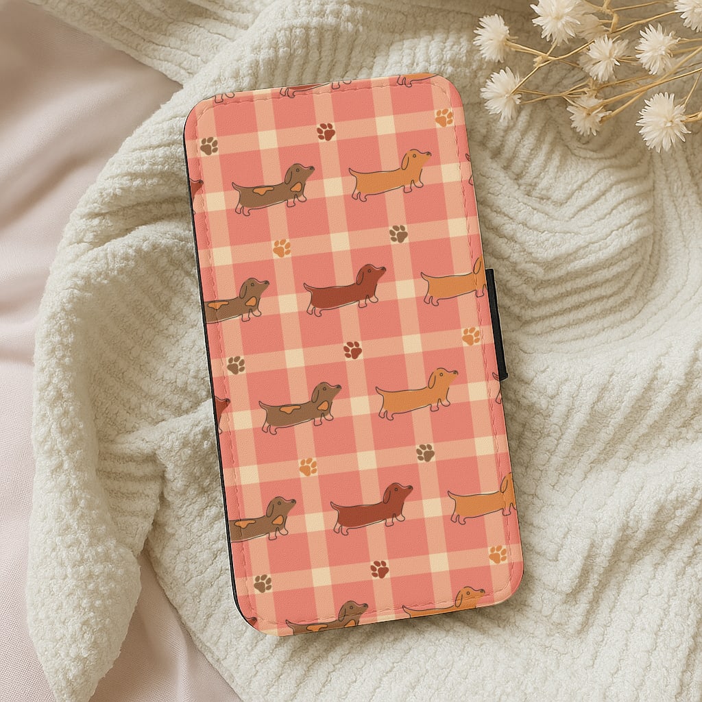 Tartan Dachshunds And Paws Pattern Wallet Phone Case