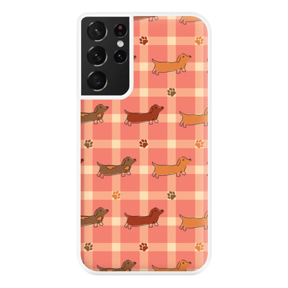 Tartan Dachshunds And Paws Pattern Phone Case for Galaxy S21 Ultra