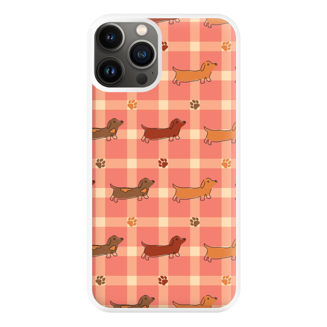 Tartan Dachshunds And Paws Pattern Phone Case for iPhone 13 Pro Max