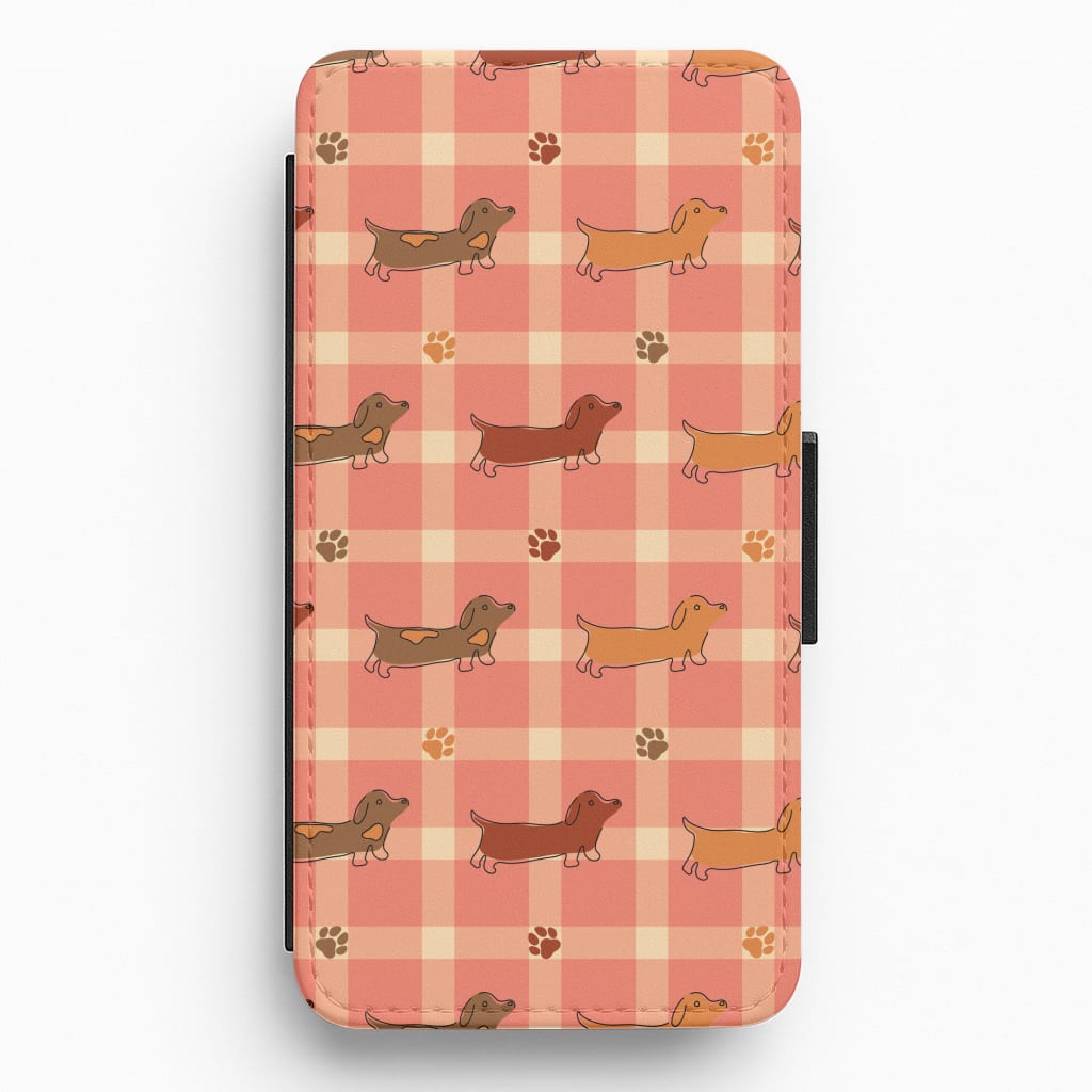 Tartan Dachshunds And Paws Pattern Flip / Wallet Phone Case
