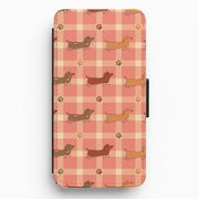 Tartan Dachshunds And Paws Pattern Flip / Wallet Phone Case 1