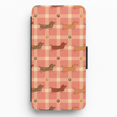 Tartan Dachshunds And Paws Pattern Flip / Wallet Phone Case