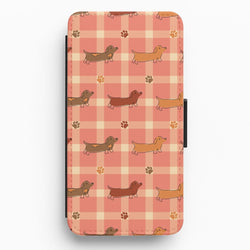 Tartan Dachshunds And Paws Pattern Flip / Wallet Phone Case