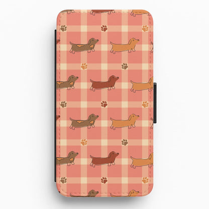 Tartan Dachshunds And Paws Pattern Flip / Wallet Phone Case