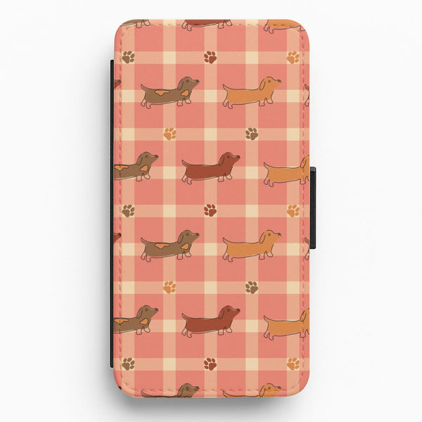 Tartan Dachshunds And Paws Pattern Flip / Wallet Phone Case