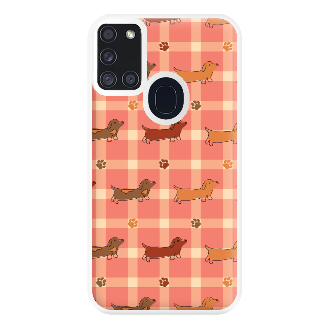 Tartan Dachshunds And Paws Pattern Phone Case for Galaxy A21s