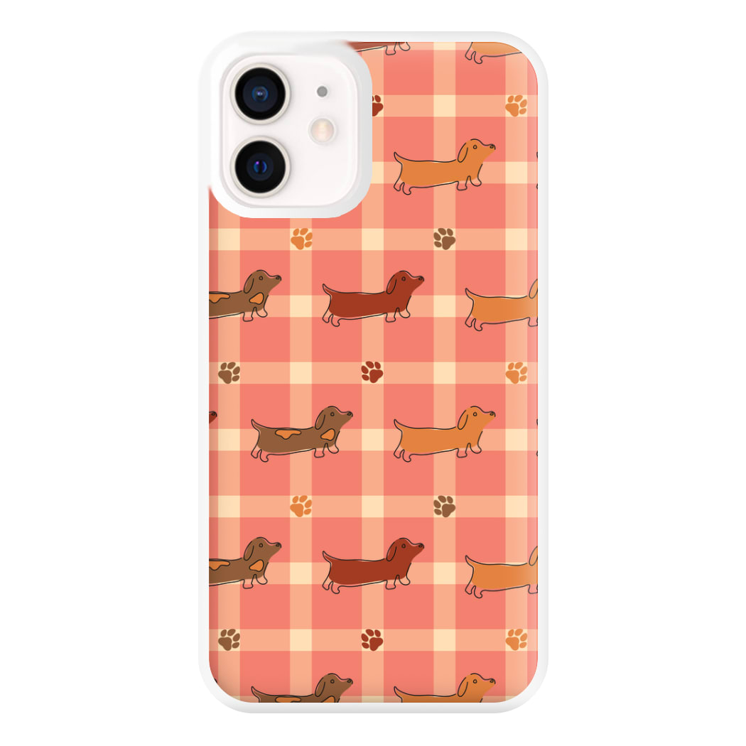 Tartan Dachshunds And Paws Pattern Phone Case for iPhone 13 Mini