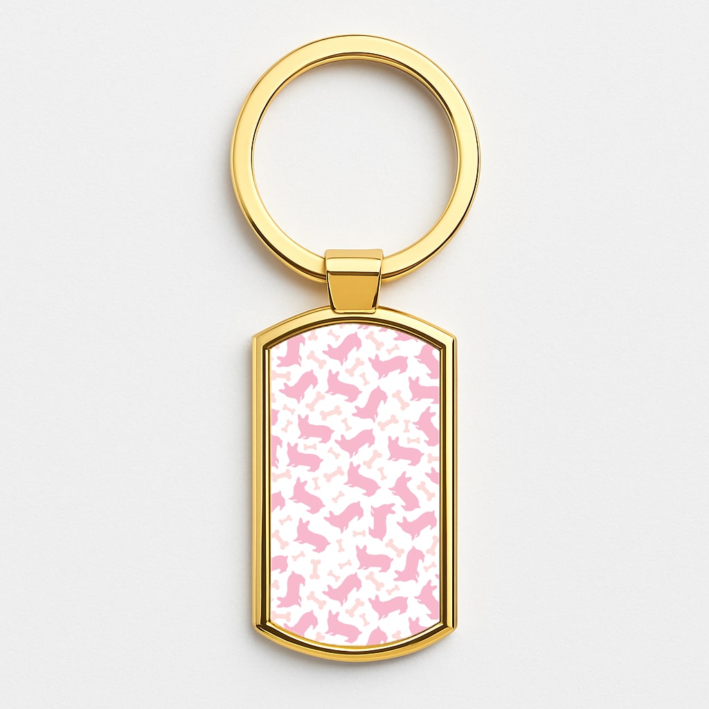 Pink Corgi Silhouette Pattern Gold Keyring