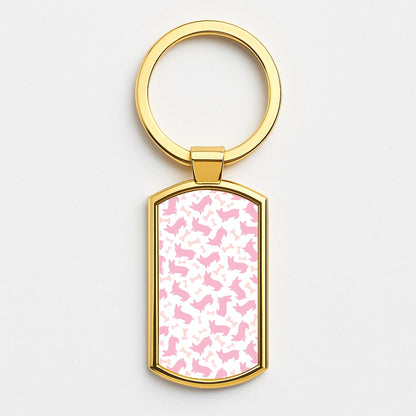 Pink Corgi Silhouette Pattern Gold Keyring